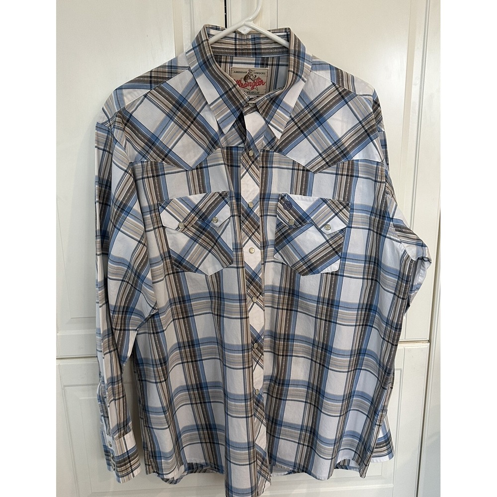 Wrangler Shirt Mens Size L. Plaid Western Fashion Pearl Snap Cowboy